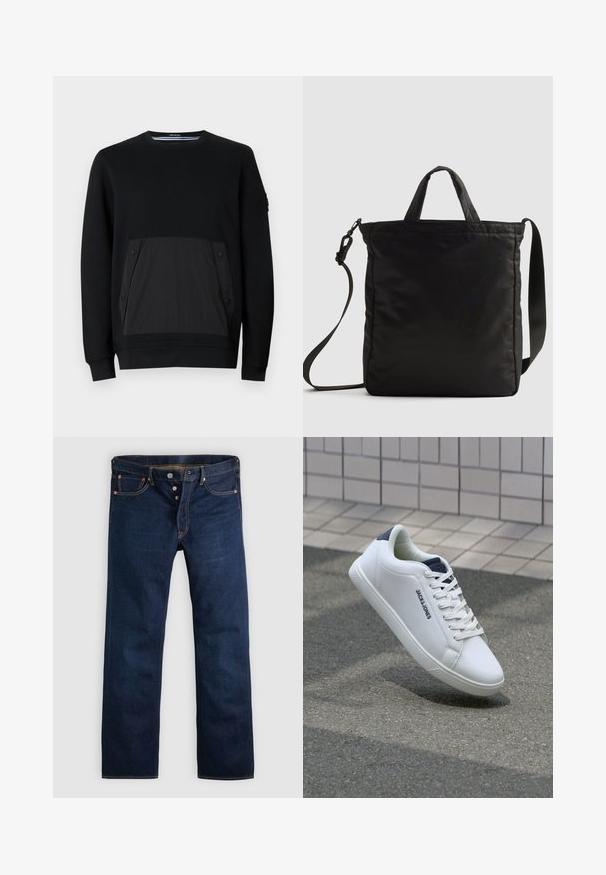 Sweatshirt noir avec une poche texturée noire à fermetures à pression, col rond et manches longues. Tissu lisse avec un subtil éclat.; Jean en denim bleu foncé avec une coupe droite, cinq poches et des coutures dorées. Comprend une braguette à boutons et des rivets en cuivre. Texture lisse.; Baskets blanches en cuir avec un design bas, une surface texturée, un accent de talon bleu marine et une semelle en caoutchouc plate avec un motif de crampons.; Sac en nylon noir avec des poignées courtes et une bandoulière amovible, présentant un design élégant matelassé et des accents de matériel minimalistes.
