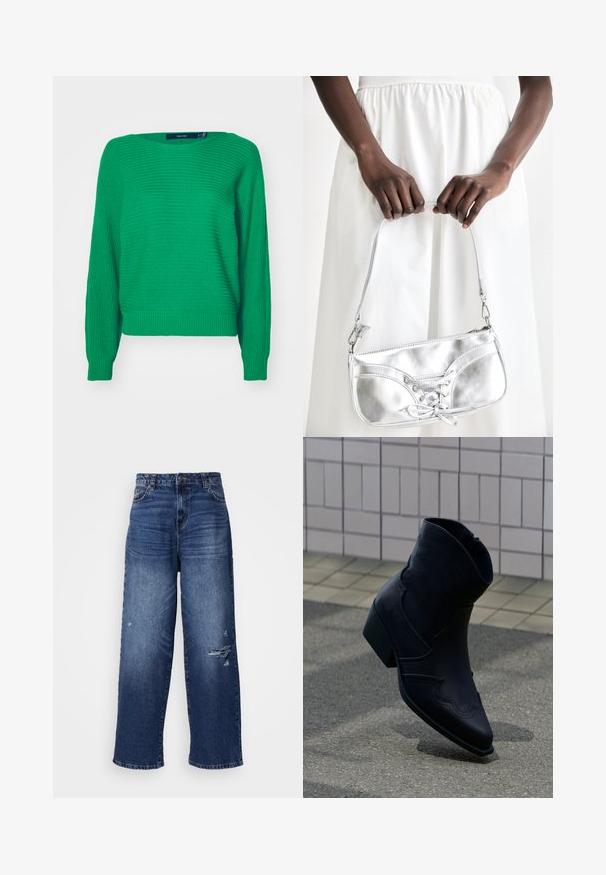 Pull en tricot vert à manches longues, avec un ourlet et des poignets côtelés, présentant une surface texturée et une coupe ample. Étiquette visible au niveau de l'encolure.; Jean en denim bleu à jambe large avec un design usé, comportant des bords effilochés et des sections décolorées, offrant une coupe décontractée et un look classique.; Bottine en cuir noir avec un petit talon, couture décorative et bout pointu, positionnée debout sur une surface pavée à côté d’un mur carrelé.; Sac à main en métal argenté avec un détail à lacets, arborant un design épuré et une courte sangle. Le sac est tenu dans les mains, mettant en valeur sa texture.