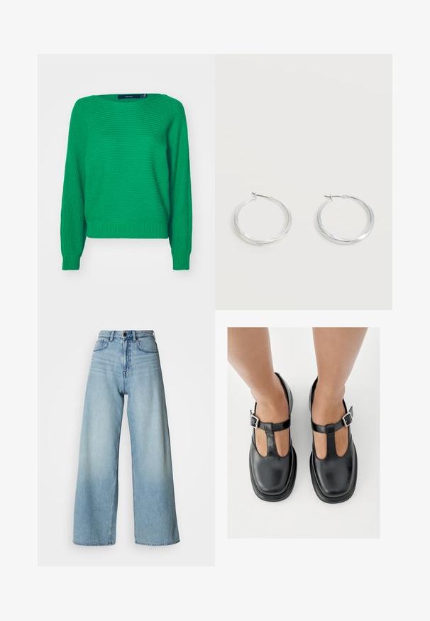 Pull en tricot vert à manches longues, avec un ourlet et des poignets côtelés, présentant une surface texturée et une coupe ample. Étiquette visible au niveau de l'encolure.; Jean bleu clair de style taille haute à jambes larges, en denim, avec un design à cinq poches et un délavage subtil pour la texture.; Chaussures en cuir noir avec un design à bride en T, bout fermé et accents de boucles argentées. Texture lisse avec un bout arrondi et une semelle plate.; Boucles d’oreilles créoles en métal argenté avec une surface lisse légèrement incurvée et des fermoirs à clapet sur un fond blanc uni.