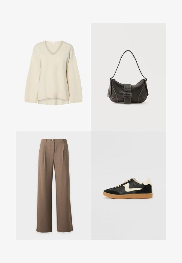 Pull crème à col V avec des manches longues, des poignets côtelés et une coupe décontractée. Texture lisse et fentes latérales à l'ourlet pour une silhouette confortable.; Pantalon marron taille haute à jambes larges avec fermeture bouton et zip et plis devant sur un fond clair uni.; Baskets en daim et cuir noir avec un swoosh latéral crème et un talon crème clair. Dotées de lacets beige et d'une semelle en caoutchouc gomme.; Sac à épaule en cuir noir avec une sangle à boucle, des bords arrondis et des coutures blanches contrastées sur un fond uni.