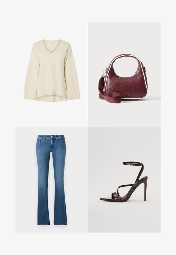 Pull crème à col V avec des manches longues, des poignets côtelés et une coupe décontractée. Texture lisse et fentes latérales à l'ourlet pour une silhouette confortable.; Jean en denim bleu avec une taille moyenne, un design à cinq poches et des jambes légèrement évasées sur un fond uni.; Sandale à talons hauts en cuir verni bourgogne avec une bride de cheville, bout pointu et trois bandes horizontales sur le pied. Détail de boucle dorée.; Sac à main en cuir tressé marron foncé avec poignée courbée, garniture blanche, fermeture éclair argentée et bandoulière large en tissu amovible sur fond uni.