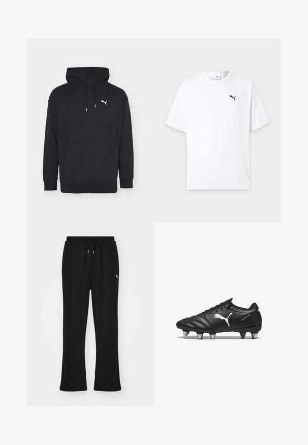 Sort hættetrøje med kangaroo-lomme, justerbare snore og et hvidt Puma-logo på brystet. Fremstillet af blødt fleece-materiale.; Hvid t-shirt med korte ærmer og rund hals med en lille sort Puma-logo på venstre bryst mod en lys baggrund.; Sorte sweatpants med elastisk talje og snor, med sidelommer og et diskret logo på venstre ben. Blødt stof, flagrende form.; Sorte fodboldstøvler med tekstureret materiale, hvidt Puma-logo, snørebåndslukning og metalstifter for godt greb. Designet understreger ydeevne og støtte.