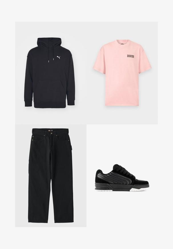Sort hættetrøje med kangaroo-lomme, justerbare snore og et hvidt Puma-logo på brystet. Fremstillet af blødt fleece-materiale.; Lyserød kortærmet T-shirt med rund hals og lille sort "Dickies"-logo på venstre bryst.; Sorte bomuldsbukser med lige ben-design, der har to forlommer, en baglomme og guldfarvede hardware-accenter.; Sorte sneakers med en overdel i ruskind og syntetisk læder, teksturerede sidepaneler, tykke sorte snørebånd og en hvid gummisål.