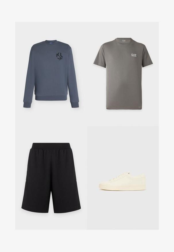 Sweat-shirt gris foncé à manches longues avec col rond, poignets et ourlet côtelés, avec un petit logo géométrique noir sur la poitrine gauche.; T-shirt gris à manches courtes avec col rond et logo blanc EA7 Emporio Armani sur la poitrine gauche et à l'intérieur du col.; Shorts noirs avec une taille élastique, fabriqués en tissu doux, présentant des jambes à coupe droite et sans motifs ni accents apparents.; Baskets couleur crème avec une tige en cuir lisse, bout arrondi, laçage à l'avant et semelle en caoutchouc texturée. Design minimaliste, sans logo.