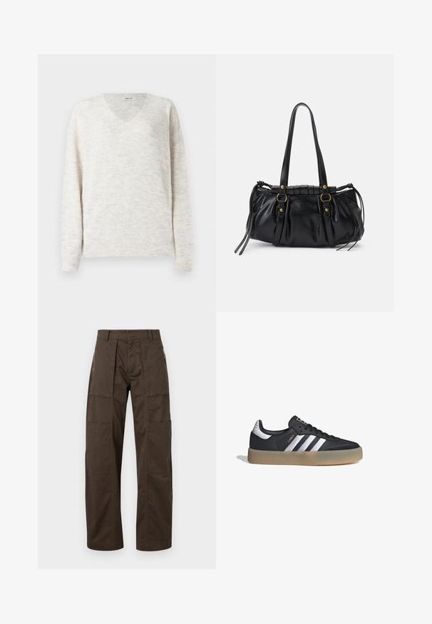 Suéter de punto con cuello en V en beige claro con un acabado suave y texturizado. Cuenta con mangas largas y puños y dobladillo acanalados para un ajuste ceñido.; Pantalones cargo marrones hechos de una tela resistente, con múltiples bolsillos, un corte relajado y detalles de costura prominentes para mayor durabilidad.; Zapatilla deportiva de cuero negro con tres rayas plateadas, punta texturizada y suela de goma. Cuenta con un collar acolchado y un diseño con cordones.; Bolso de mano de cuero negro con forma redondeada, asas dobles, acentos de hardware decorativo y detalles de lazo en los laterales. Textura lisa y brillante.