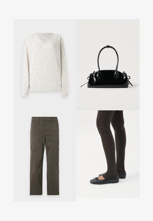 Suéter de punto con cuello en V en beige claro con un acabado suave y texturizado. Cuenta con mangas largas y puños y dobladillo acanalados para un ajuste ceñido.; Good American CROPPED PANTS - Pantalones cargo - fatigue; Piernas con leggings oscuros acanalados combinados con bailarinas negras que presentan pequeños detalles de lazo sobre un fondo blanco.; Pequeño bolso negro brillante con dos asas largas y detalles de cordón lateral sobre un fondo claro liso.