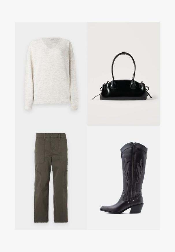 Suéter de punto con cuello en V en beige claro con un acabado suave y texturizado. Cuenta con mangas largas y puños y dobladillo acanalados para un ajuste ceñido.; Good American CROPPED PANTS - Pantalones cargo - fatigue; Botas vaqueras de cuero negro con puntera puntiaguda, costuras visibles, detalles de tachuelas plateadas y cierre de cremallera en el lado interior.; Pequeño bolso negro brillante con dos asas largas y detalles de cordón lateral sobre un fondo claro liso.