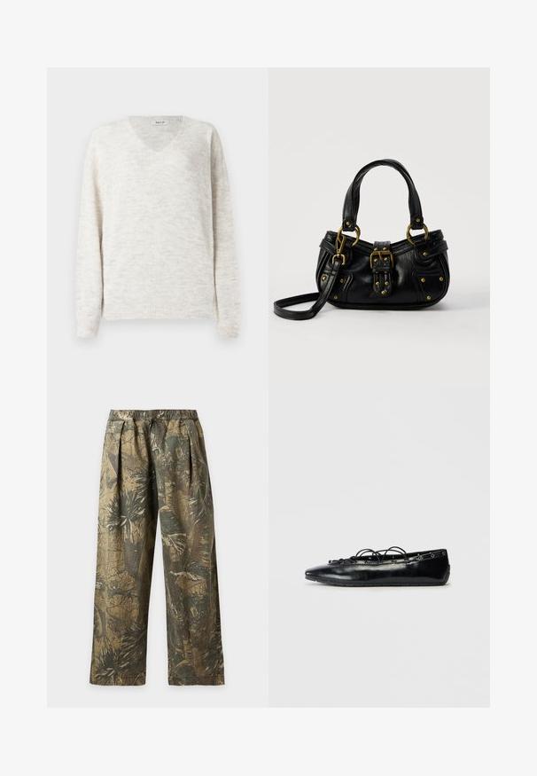 V-hals strikket sweater i lyse beige med en blød, struktureret finish. Har lange ærmer og ribbede ærmekanter og kant for et tætsiddende look.; Løse bukser med elastisk talje, med et grønt og brunt tropisk blad camouflageprint.; Sort spids flad sko med snørebånd foran og øjet detaljer langs kanterne, vist på en hvid baggrund.; Sort læderhåndtaske med guldbælge og nitdetaljer, korte håndtag og en justerbar skulderrem på en ensfarvet hvid baggrund.