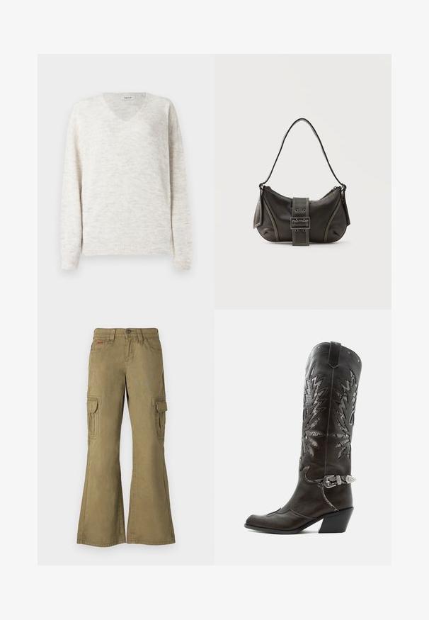 Suéter de punto con cuello en V en beige claro con un acabado suave y texturizado. Cuenta con mangas largas y puños y dobladillo acanalados para un ajuste ceñido.; Pantalones cargo en verde oliva, fabricados en algodón. Incluyen piernas acampanadas, múltiples bolsillos laterales y un cierre de botón en la cintura.; Bota cowboy de cuero negro con recortes decorativos, hebilla plateada y tacón inclinado, presentada sobre fondo blanco.; Bolso de hombro de cuero negro con detalle de correa con hebilla, bordes curvos y costuras blancas en contraste sobre un fondo liso.