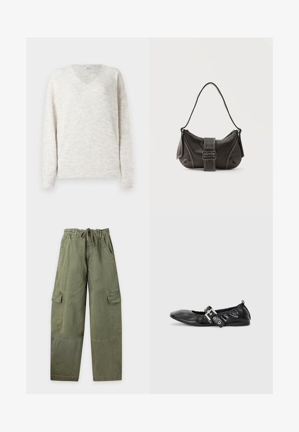 Suéter de punto con cuello en V en beige claro con un acabado suave y texturizado. Cuenta con mangas largas y puños y dobladillo acanalados para un ajuste ceñido.; Pantalones cargo de color verde oliva con cintura ajustable con cordón, bolsillos laterales, bolsillos con solapa en los muslos y piernas rectas y anchas.; Zapato plano de piel negra con puntera afilada, detalle fruncido alrededor de la abertura y un acento de hebilla plateada en la correa ajustable.; Bolso de hombro de cuero negro con detalle de correa con hebilla, bordes curvos y costuras blancas en contraste sobre un fondo liso.