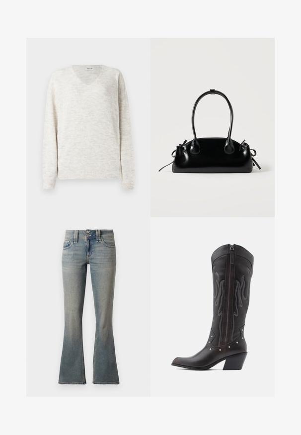 V-hals strikket sweater i lyse beige med en blød, struktureret finish. Har lange ærmer og ribbede ærmekanter og kant for et tætsiddende look.; Lyseblå flagrende jeans lavet af denim. Har to forlommer, en knaplukning og subtile lysninger over stoffet.; Brune læder cowboystøvler med flammebroderi, sidelukning med lynlås, sølvnitter, spids snude og lagdelt hæl.; Lille sort blank håndtaske med to lange håndtag og snøre-detaljer i siden på en ensfarvet lys baggrund.