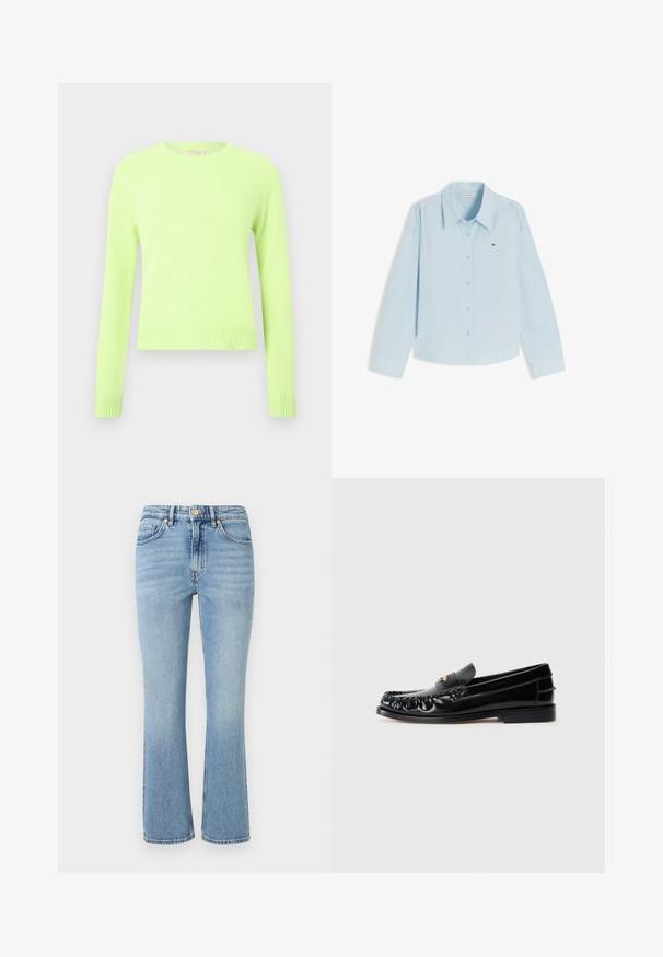 Pull en tricot vert clair avec de longues manches raglan et des bords côtelés, arborant une texture douce et un design décontracté.; Chemise bleu clair à manches longues, boutonnée, avec col et petit logo Tommy Hilfiger sur le côté gauche de la poitrine, sur fond blanc.; Jean en denim bleu clair avec un design évasé, taille haute, cinq poches et quincaillerie dorée. Présente un délavé et des détails cousus.; Mocassins en cuir noir avec un bout arrondi, des coutures décoratives et un petit accent doré sur le dessus. Semelle en caoutchouc plate, design épuré.