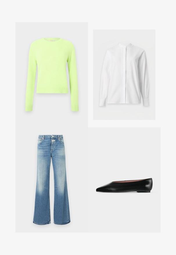 Pull en tricot vert clair avec de longues manches raglan et des bords côtelés, arborant une texture douce et un design décontracté.; Blouse blanche manches longues avec col mao et patte de boutonnage cachée, présentée sur un fond blanc uni.; Jean large bleu clair en denim, présentant un lavage décoloré, un design traditionnel à cinq poches, et des coutures visibles le long des seams.; Chaussure plate en cuir noir pour femme, avec bout pointu et petit talon, vue de côté sur un fond gris clair uni.
