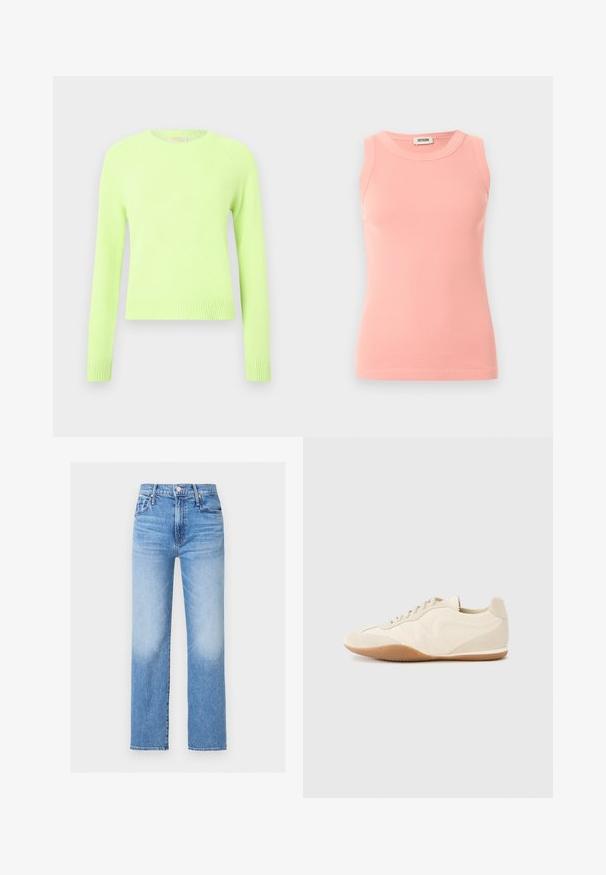 Pull en tricot vert clair avec de longues manches raglan et des bords côtelés, arborant une texture douce et un design décontracté.; Débardeur rose côtelé sans manches avec col rond et étiquette Drykorn à l'arrière du col, présenté sur un fond clair uni.; Jean en denim bleu taille haute, coupe droite, avec poches avant, passants pour ceinture, bouton, et détails délavés sur les cuisses et les genoux.; Baskets beige clair avec une tige en cuir texturé, des panneaux latéraux texturés et une semelle en caoutchouc. Dotées d'un design fin et épuré ainsi que de lacets plats.
