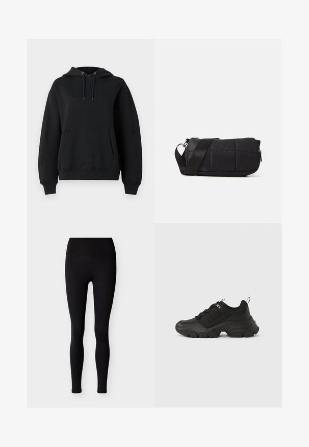 Sweat à capuche noir oversize avec cordons, poignets côtelés, poche kangourou à l'avant, et coupe décontractée sur fond blanc.; Leggings noirs en tissu extensible, avec une taille haute et une coupe ajustée. Texture lisse, sans motifs ni ornements.; Baskets noires épaisses avec semelle texturée épaisse, lacet à l'avant, col rembourré et languette de tirage au talon sur fond blanc.; Sac noir matelassé de forme cylindrique, fabriqué en matériau doux. Il dispose d'une bandoulière noire et de quincaillerie en argent. Fermeture zippée.