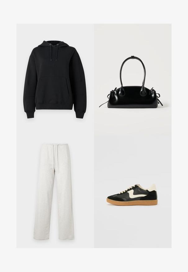 Sweat à capuche noir oversize avec cordons, poignets côtelés, poche kangourou à l'avant, et coupe décontractée sur fond blanc.; Pantalon de jogging gris clair avec taille élastique et cordon de serrage, coupe à jambe droite, présenté à plat sur un fond blanc.; Baskets en daim et cuir noir avec un swoosh latéral crème et un talon crème clair. Dotées de lacets beige et d'une semelle en caoutchouc gomme.; Petit sac à main noir brillant avec deux longues anses et des détails à cordon sur les côtés sur un fond clair uni.