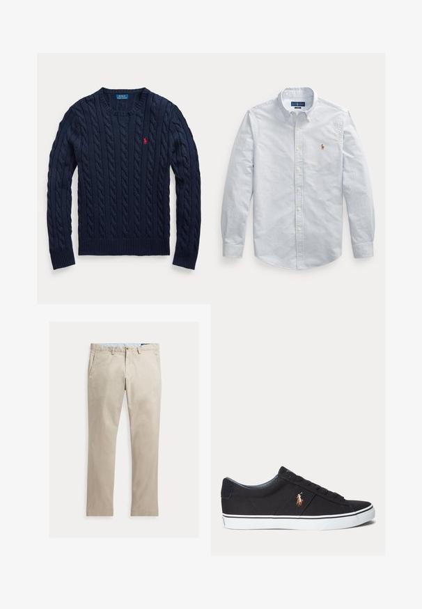 Marineblå kabelstrikket rundhalset sweater med lange ærmer og lille rød broderet Polo Ralph Lauren logo på venstre bryst.; Langærmet, knaplukket skjorte med tynde blå og hvide lodrette striber og et lille broderet logo på brystet.; Beige bomuldsbukser med lige ben, forlommer, bæltestropper, knaplukning og lynlås, lagt fladt på en hvid baggrund.; Sort lavtopet sneaker med hvid gummisål og broderet brunt hestelogo på siden.