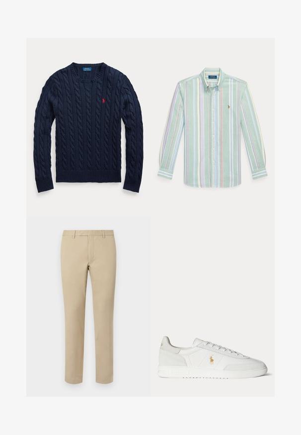 Marineblå kabelstrikket rundhalset sweater med lange ærmer og lille rød broderet Polo Ralph Lauren logo på venstre bryst.; Langærmet skjorte med knapper og vertikale pastelfarvede striber i grøn, blå, pink og gul, med krave og Polo Ralph Lauren-logo på brystet.; Beige bomuldsbukser med lige pasform, der har bæltesløjfer, glat front og skræddersyede søm. Glat tekstur og minimal detaljer.; Hvid lavtop sneaker med snøredesign, guldfarvet Polo Ralph Lauren-logo på siden og tekstureret sål på en ensfarvet baggrund.