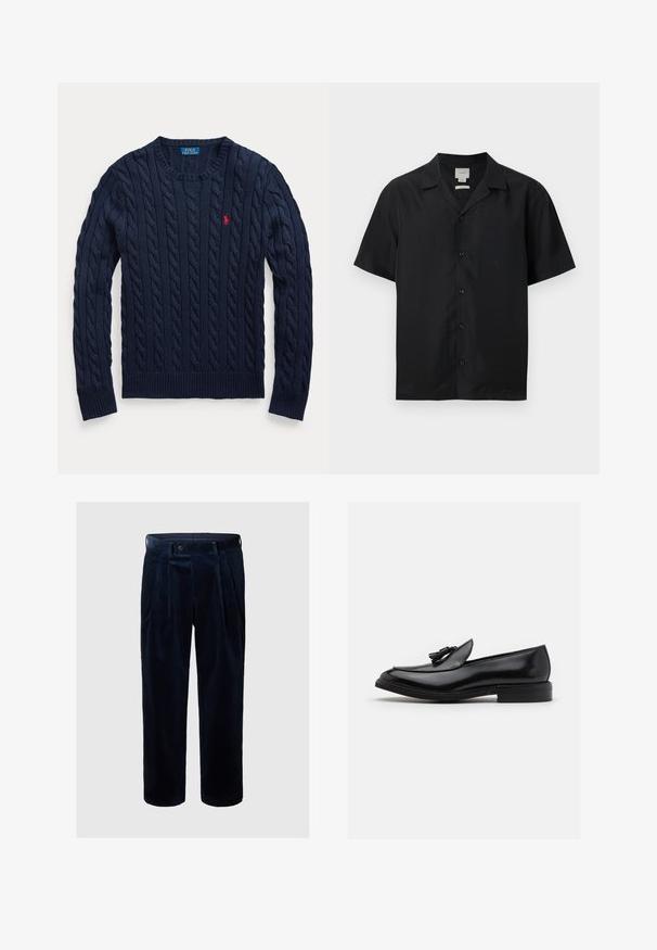 Laivastonsininen palmikkoneuleinen pyöreäkauluksinen neulepaita, jossa pitkät hihat ja vasemmassa rinnassa pieni punainen Polo Ralph Lauren -logo kirjailtuna.; Musta, lyhythihainen nappipaita, jossa on camp-kaulus, etutasku rinnassa ja suora helma.; Meripihkavalaiset samettihousut, joissa on laskokset, nappikiinnitys ja kapeneva lahjesuunnittelu. Ominaisuuksina pystyrakenne ja sivutaskut.; ALDO PORTOS PILLOW WALK - Puvunkengät - black