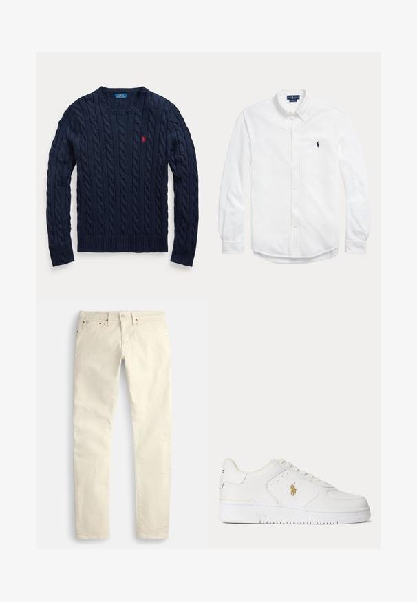 Marineblå kabelstrikket rundhalset sweater med lange ærmer og lille rød broderet Polo Ralph Lauren logo på venstre bryst.; Hvid skjorte med lange ærmer med knapper, knaplukket krave og lille mørkt Polo Ralph Lauren-logo på venstre bryst.; Lysebeige bukser med lige ben lavet af et struktureret stof. Har fem lommer og brune metaldele. Ingen synlige mønstre eller accenter.; Hvid lavtopet lædersneaker med hvide snørebånd og et gyldent Polo Ralph Lauren-logo på siden samt "Polo" præget på sålen.