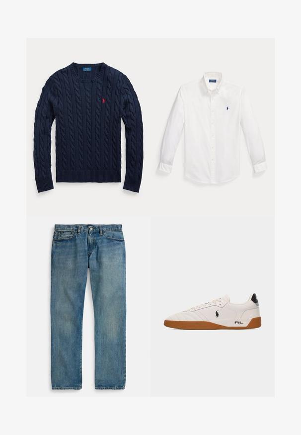 Marineblauwe kabelgebreide trui met ronde hals, lange mouwen en een klein rood geborduurd Polo Ralph Lauren-logo op de linkerborst.; Witte blouse met lange mouwen, knoopsluiting, een knoopkraag en een klein marineblauw Polo Ralph Lauren-logo op de linkerborst.; Lichtblauwe denim jeans met een rechte pijpvorm, voorzien van vijf zakken, een knoopsluiting en subtiele vervaging voor textuur.; Witte lage sneaker met een bruine rubberen zool, zwart Polo Ralph Lauren-logo aan de zijkant en de tekst "RL" op het hielgedeelte.