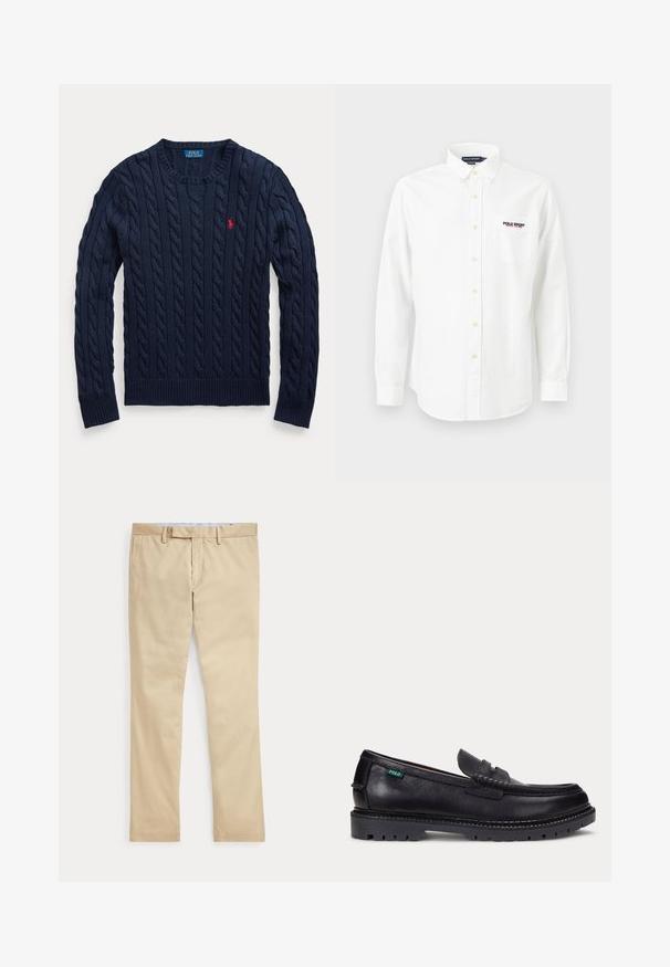 Marineblauer Pullover mit Zopfmuster, Rundhalsausschnitt, langen Ärmeln und kleinem roten Polo Ralph Lauren Logo auf der linken Brust.; Weißes langärmliges Hemd mit Knöpfen und Kragen, Tasche auf der linken Brustseite und dem gestickten Logo "Polo Sport Ralph Lauren" oberhalb der Tasche.; Beige gerade Hose mit Gürtelschlaufen und einem vorderen Reißverschluss, flach auf weißem Hintergrund gelegt.; Schwarzer Lederloafer mit dicker Profilsohle und kleinem grünen "Polo"-Etikett an der Außenseite nahe der Ferse.