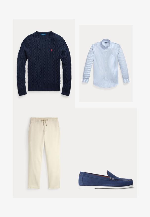 Marineblauwe kabelgebreide trui met ronde hals, lange mouwen en een klein rood geborduurd Polo Ralph Lauren-logo op de linkerborst.; Lichtblauw overhemd met lange mouwen en verticale witte strepen, een button-down kraag en een klein logo op het linker borstzakje.; Off-white casual broek met elastische tailleband en trekkoord, rechte pijpen en zijzakken op een effen achtergrond.; Blauwe suède loafer met witte zool en beige stiksels langs de bovenrand, afgebeeld tegen een effen witte achtergrond.