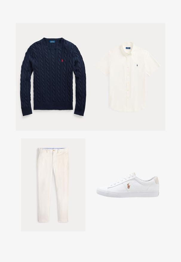 Marineblauwe kabelgebreide trui met ronde hals, lange mouwen en een klein rood geborduurd Polo Ralph Lauren-logo op de linkerborst.; Wit overhemd met korte mouwen, knopen, kraag en klein marineblauw Polo Ralph Lauren-logo op de linkerborst.; Slim-fit herensbroek in off-white met voorzakken, riemlussen en een knoopsluiting op een effen achtergrond.; Witte canvas sneakers met een laag ontwerp, featuring een beige hieltab en een klein geborduurd logo aan de zijkant. Rubber zool.