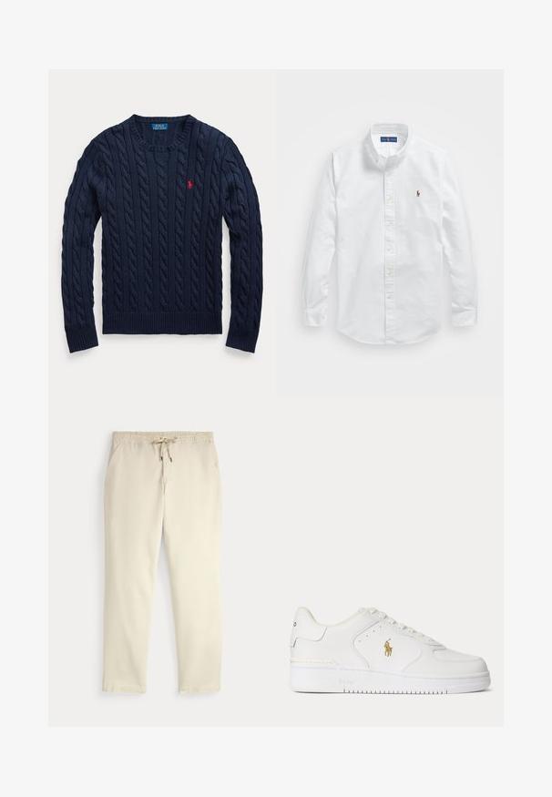 Marineblauer Pullover mit Zopfmuster, Rundhalsausschnitt, langen Ärmeln und kleinem roten Polo Ralph Lauren Logo auf der linken Brust.; Weißes Baumwollhemd mit Knopfverschluss, klassischem Kragen, langen Ärmeln und einem kleinen gestickten Logo auf der linken Brust.; Beige legere Hosen mit elastischem Bund und Kordelzug, gerade Hosenbeine und seitlichen Taschen vor einem einfarbigen Hintergrund.; Weißer Leder-Sneaker mit niedrigem Schnitt, weißen Schnürsenkeln und einem goldfarbenen Polo Ralph Lauren-Logo an der Seite sowie "Polo" auf der Sohle geprägt.