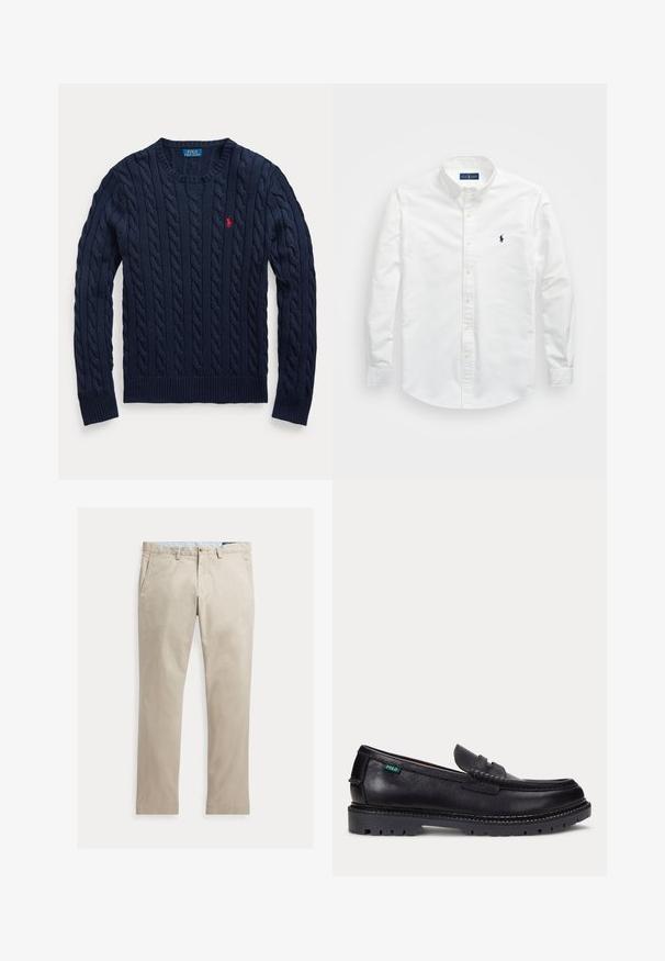 Marineblauer Pullover mit Zopfmuster, Rundhalsausschnitt, langen Ärmeln und kleinem roten Polo Ralph Lauren Logo auf der linken Brust.; Weißes Button-Down-Hemd aus Baumwolle. Verfügt über einen spitzen Kragen, lange Ärmel und ein kleines marineblaues Logo auf der Brust. Glatte Textur.; Beige Baumwollhose mit geradem Bein, Fronttaschen, Gürtelschlaufen, Knopfverschluss und Reißverschluss, flach auf weißem Hintergrund dargestellt.; Schwarzer Lederloafer mit dicker Profilsohle und kleinem grünen "Polo"-Etikett an der Außenseite nahe der Ferse.