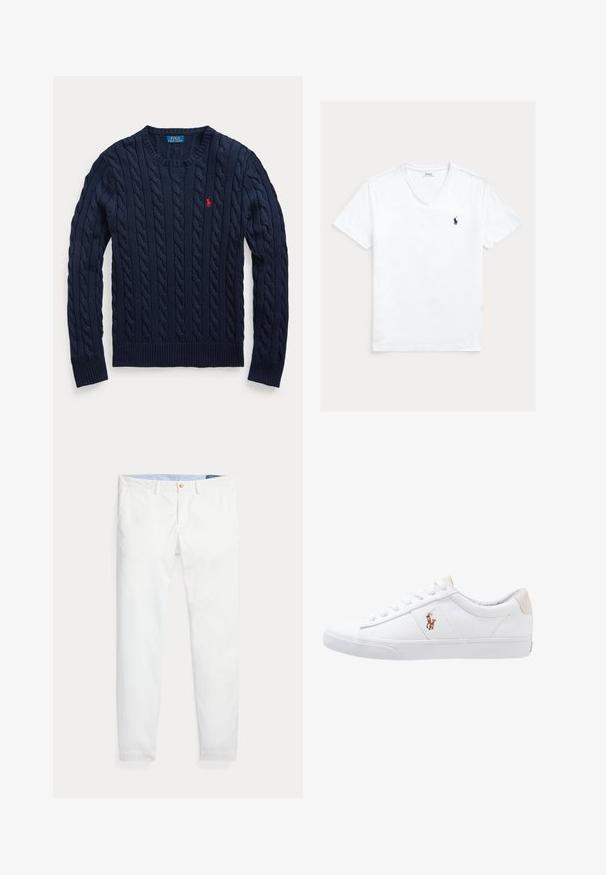 Marineblauer Pullover mit Zopfmuster, Rundhalsausschnitt, langen Ärmeln und kleinem roten Polo Ralph Lauren Logo auf der linken Brust.; Weißes V-Ausschnitt-T-Shirt mit kurzen Ärmeln und kleinem dunkelblauem Polo Ralph Lauren Logo auf der linken Brust, flach auf hellem Hintergrund präsentiert.; Weiße Baumwoll-Chinos mit schmaler Passform, ausgestattet mit einem einzigen goldfarbenen Knopfverschluss und einem hellblauen inneren Bund. Glatte Textur ohne Muster.; Weiße Leinensneaker im Low-Top-Design mit einem beigen Ferseneinsatz und einem kleinen gestickten Logo an der Seite. Gummisohle.