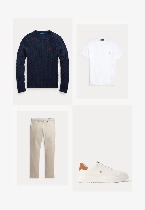Marineblauer Pullover mit Zopfmuster, Rundhalsausschnitt, langen Ärmeln und kleinem roten Polo Ralph Lauren Logo auf der linken Brust.; Weißes T-Shirt mit Rundhalsausschnitt und kurzen Ärmeln, mit kleinem gesticktem Polo Ralph Lauren Logo auf der linken Brust und blauem Markenetikett innen am Kragen.; Beige Baumwollhose mit geradem Bein, Fronttaschen, Gürtelschlaufen, Knopfverschluss und Reißverschluss, flach auf weißem Hintergrund dargestellt.; Weißer Sneaker mit niedrigem Schaft, beige Fersenlasche, weißen Schnürsenkeln und kleinem, besticktem Polospieler-Logo an der Seite über einer dicken Sohle.