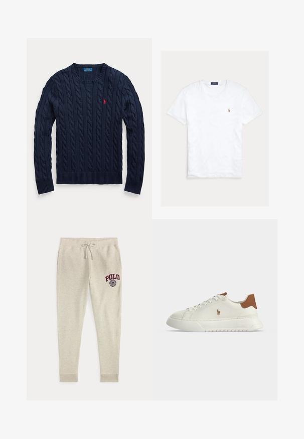 Marineblauer Pullover mit Zopfmuster, Rundhalsausschnitt, langen Ärmeln und kleinem roten Polo Ralph Lauren Logo auf der linken Brust.; Weißes T-Shirt mit Rundhalsausschnitt und kurzen Ärmeln, mit kleinem gesticktem Polo Ralph Lauren Logo auf der linken Brust und blauem Markenetikett innen am Kragen.; Beige Sweathose mit Kordelzug und Seitentaschen sowie rotem "POLO"-Logo und Emblem am oberen linken Oberschenkel.; Weißer Sneaker mit niedrigem Schaft, braunem Fersenlasche, Schnürung vorne, dicker Sohle und kleinem besticktem Pferdelogo an der Seite.