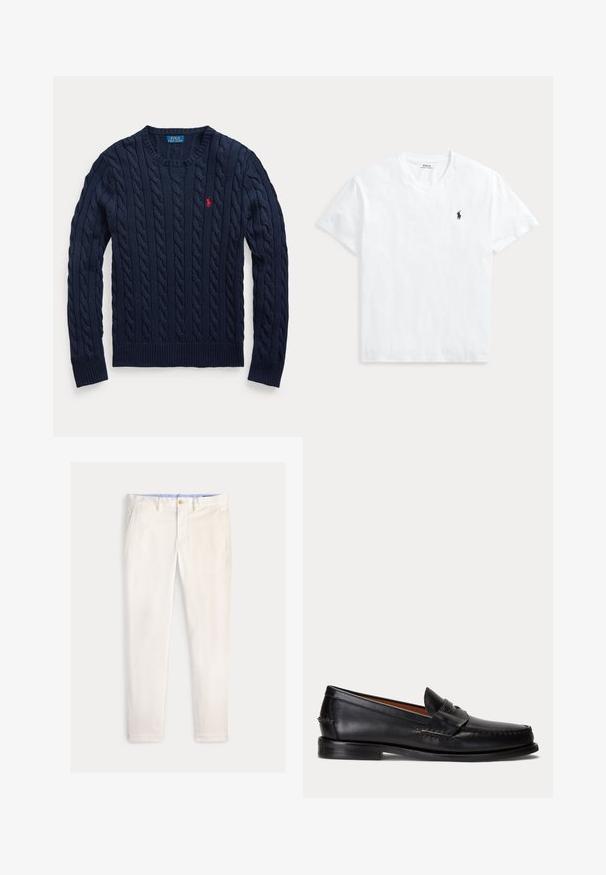 Marineblå kabelstrikket rundhalset sweater med lange ærmer og lille rød broderet Polo Ralph Lauren logo på venstre bryst.; Hvid T-shirt med V-hals og korte ærmer med lille navyblåt Polo Ralph Lauren hestelogo på venstre bryst.; Herre slim-fit off-white bukser med frontlommer, bæltestropper og knaplukning på en ensfarvet baggrund.; Sort læderloafer med lav hæl og pennyremdetalje, vist fra siden på en lysegrå baggrund.