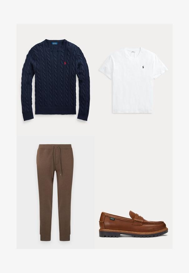 Marineblauer Pullover mit Zopfmuster, Rundhalsausschnitt, langen Ärmeln und kleinem roten Polo Ralph Lauren Logo auf der linken Brust.; Weißes T-Shirt mit V-Ausschnitt und kurzen Ärmeln mit kleinem marineblauem Polo Ralph Lauren Pferdelogo auf der linken Brust.; Braune Jogginghose aus einem weichen, dehnbaren Material mit elastischem Bund, Kordelzug und gerippten Bündchen. Kleines Logo oben links.; Brauner Lederloafer mit aufgenähten Details, robuster schwarzer Sohle und kleinem "Polo"-Etikett an der Seite.