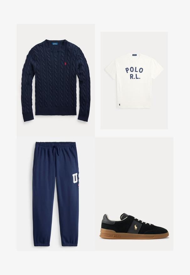Laivastonsininen palmikkoneuleinen pyöreäkauluksinen neulepaita, jossa pitkät hihat ja vasemmassa rinnassa pieni punainen Polo Ralph Lauren -logo kirjailtuna.; Valkoinen pyöreäkaulainen t-paita, jossa rinnan kohdalla tummansiniset "POLO R.L."-kirjaimet ja pieni tummansininen polopelaajan logo alareunan lähellä.; Tummansiniset collegehousut, jotka on valmistettu puuvillasekoitteesta. Niissä on joustava vyötärönauha kiristysnauhalla, sivutaskut ja suuri valkoinen "US"-logo.; Musta matala tennari valkoisilla nauhoilla, ruskealla kumipohjalla ja kultaisella Polo-logolla sivussa ja kantanauhassa.