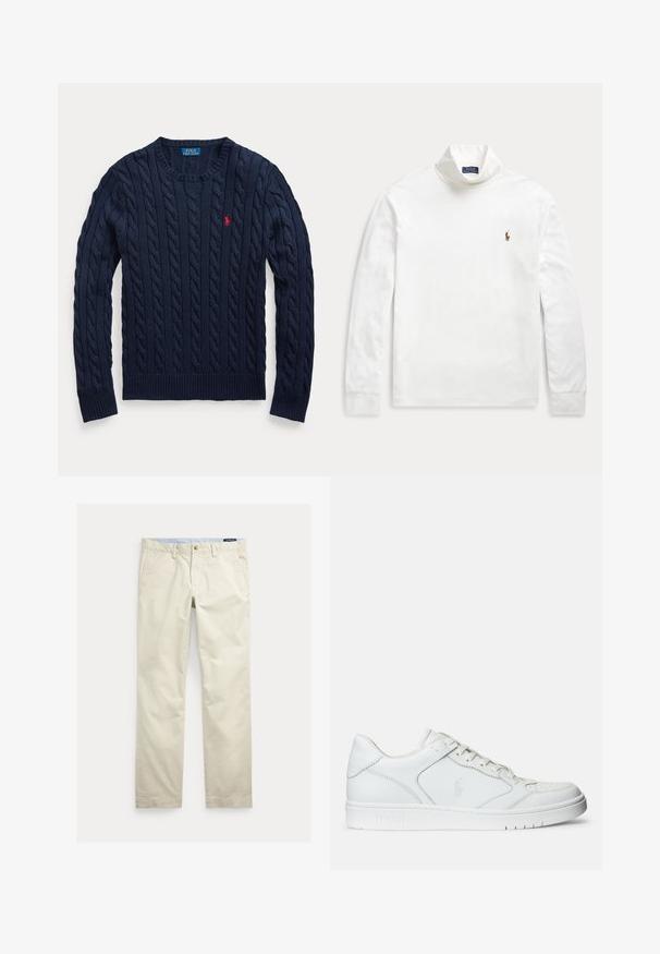 Marineblauer Pullover mit Zopfmuster, Rundhalsausschnitt, langen Ärmeln und kleinem roten Polo Ralph Lauren Logo auf der linken Brust.; Weißes Langarm-Rollkragenshirt mit kleinem besticktem Pferd-und-Reiter-Logo auf der linken Brust.; Beige Baumwollhosen mit geradem Bein, Gürtelschlaufen, vorderem Knopf, Reißverschluss und Seitentaschen.; Weißer Ledersneaker mit glatter Textur, ausgestattet mit einer perforierten Zehenpartie, Schnürverschluss und gesticktem Logo an der Seite. Weiße Gummisohle.