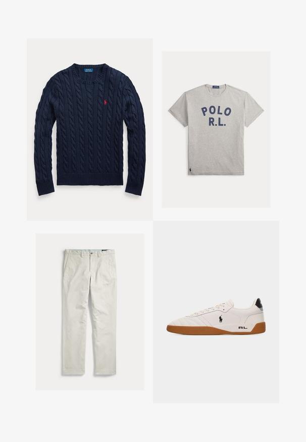 Marineblauwe kabelgebreide trui met ronde hals, lange mouwen en een klein rood geborduurd Polo Ralph Lauren-logo op de linkerborst.; Lichtgrijze T-shirt met korte mouwen en ronde hals, met donkerblauwe "POLO R.L." tekst op de borst en klein geborduurd logo nabij de onderzoom.; Lichtbeige rechte broek met voorzakken, riemlussen en een knoopsluiting, plat neergelegd op een witte achtergrond.; Witte lage sneaker met een bruine rubberen zool, zwart Polo Ralph Lauren-logo aan de zijkant en de tekst "RL" op het hielgedeelte.