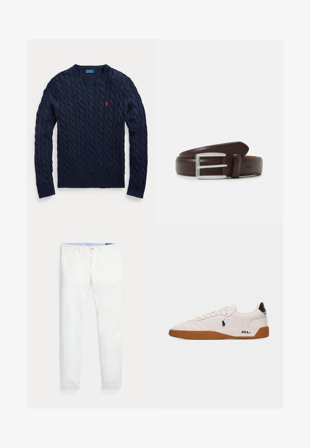 Tumesinine paelavootega soonikkoes ümara kaelusega kampsun, pikkade varrukatega ja vasakul rinnal väike punane Polo Ralph Laureni tikitud logo.; Valged puuvillast chinos-püksid kitsas lõikega, millel on üks kuldne nööp kinnituseks ja hele sinine sisemine vöökoht. Sile tekstuur ilma mustriteta.; Valge madala lõikega toss pruuni kummist tallaga, must Polo Ralph Laureni logo küljel ja "RL" tekst kandjalosal.; Pruun nahkväli, millel on hõbedane neljakandiline pandla, sile tekstuur ja klassikaline disain. Nahal on sisse pressitud "POLO".