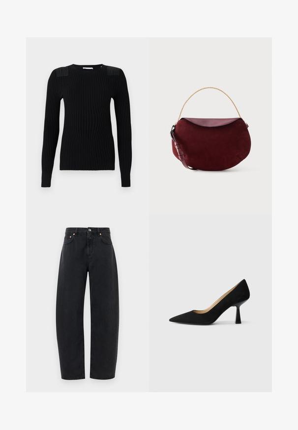 Pull en tricot côtelé noir à manches longues, avec des panneaux d'épaule texturés et un col rond. Fini lisse et silouhette ajustée.; Jean en denim noir avec un design à jambe droite, cinq poches et des accents en cuivre. Le tissu a une texture lisse et une couture classique.; Pompe à talons hauts en suède noir avec un bout pointu, dotée d'un talon bloc noir brillant et d'une doublure intérieure lisse.; Sac à main en forme de croissant en daim rouge foncé avec rabat en cuir lisse, poignée en chaîne dorée et bandoulière en cuir réglable sur fond blanc.