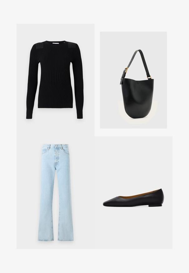 Zwarte geribbelde breisel trui met lange mouwen, voorzien van textuur op de schouderpanelen en een ronde halslijn. Gladde afwerking en getailleerd silhouet.; FRAME THE VERTICAL - Relaxed fit jeans - light blue; Zwarte leren puntschoen met lage hak en gladde afwerking, zijaanzicht op een lichtgrijze achtergrond.; Zwarte leren bucket bag met verstelbare schouderriem en goudkleurige gesp op een effen lichtgrijze achtergrond.