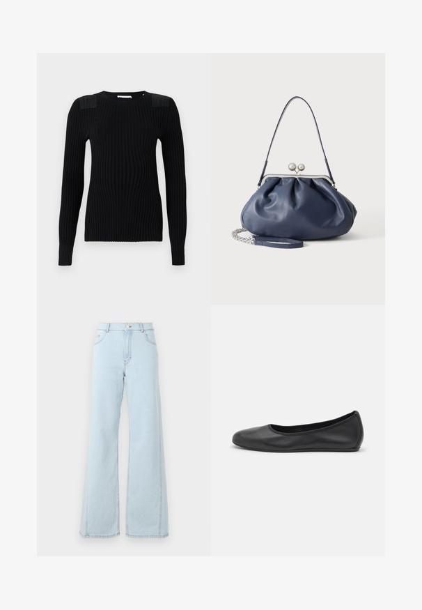 Pull en tricot côtelé noir à manches longues, avec des panneaux d'épaule texturés et un col rond. Fini lisse et silouhette ajustée.; Des jeans en denim bleu clair à taille haute, à jambes larges, avec des poches avant et des détails de couture visibles sur les coutures et l'ourlet.; Ballerines en cuir noir avec un bout rond, texture lisse, détails de couture minimalistes et design de semelle flexible.; Sac à main en cuir bleu marine doux avec fermeture à boucle argentée, une seule bandoulière, et une chaîne de poignet amovible sur fond blanc.