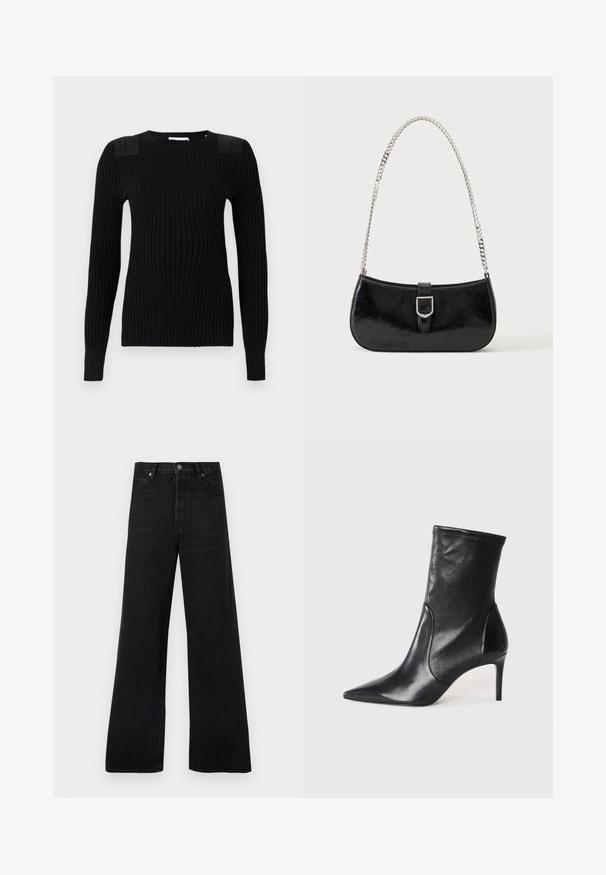 Pull en tricot côtelé noir à manches longues, avec des panneaux d'épaule texturés et un col rond. Fini lisse et silouhette ajustée.; Jean noir à jambes larges en denim, avec une taille haute, un design à cinq poches et une fermeture par bouton, présentant une texture légèrement délavée.; Bottes noires à la cheville en cuir lisse, dotées d'un bout pointu, d'un tige ajustée et d'un talon haut fin. Design minimaliste sans quincaillerie visible.; Sac à épaule en cuir verni noir avec détail de boucle argentée et bandoulière en chaîne argentée, présenté sur un fond uni clair.