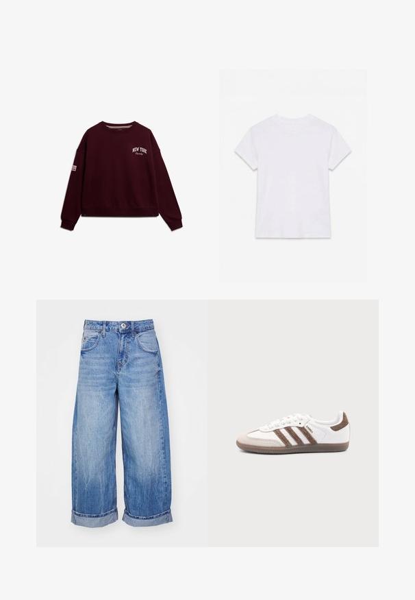 Bordeaux sweatshirts med rund halsudskæring, sænkede skuldre og ribbede manchetter. Har "NEW YORK" og "Squady" broderet i hvidt.; Hvid kortærmet t-shirt i bomuld med rund hals, lagt fladt på en hvid baggrund.; BDG Urban Outfitters JAYA - Jeans Relaxed Fit - light vintage; Hvid Adidas Samba sneaker med brune ruskindstriber, brun gummisål og beige ruskindståhætte, vist fra ydersiden på en ensfarvet baggrund.