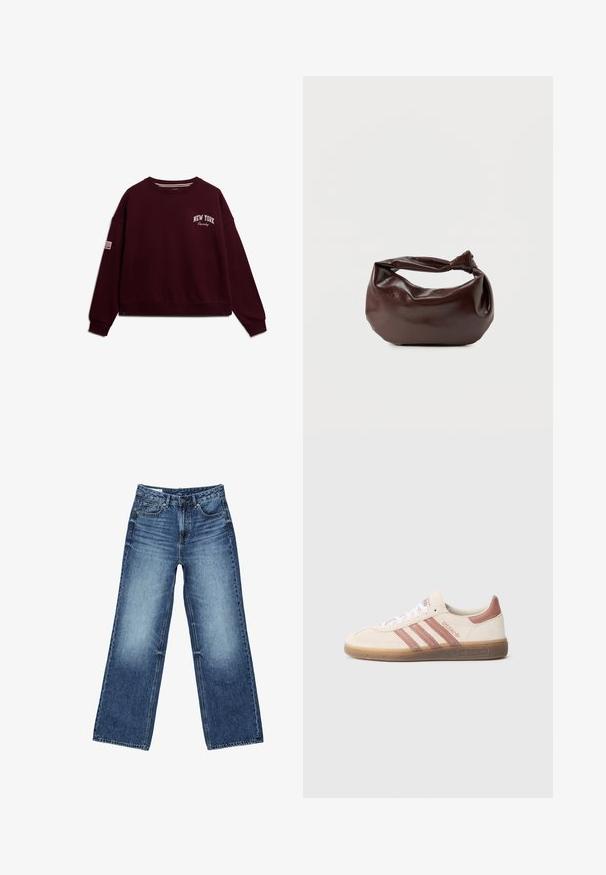 Bordeaux sweatshirts med rund halsudskæring, sænkede skuldre og ribbede manchetter. Har "NEW YORK" og "Squady" broderet i hvidt.; Blå vidtsiddende jeans i denim med forlommer og møntlomme foran, knaplukning og falmet vask på lår og knæ.; Beige ruskindssneaker med pink detaljer, tre pink striber, hvide snørebånd og en gennemsigtig gummisål. "Spezial" branding på siden.; Mørkebrun læder skuldertaske med en blød, afslappet form og et snoet knudehåndtag på en ensartet hvid baggrund.