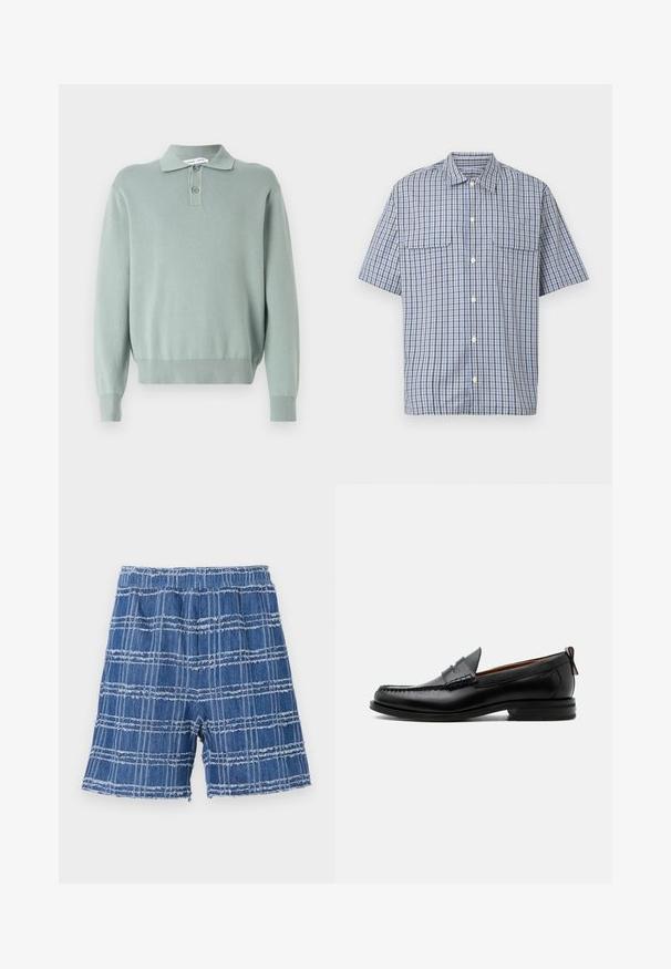 Suéter de punto verde claro con cuello tipo polo, dos botones, puños y dobladillo acanalados. Textura suave y ajuste relajado.; Camisa de manga corta con botones, con patrón a cuadros en azul, blanco y negro, y dos bolsillos con solapa en el pecho sobre fondo blanco.; Pantalones cortos de mezclilla con dobladillo deshilachado, que presentan un patrón de cuadros azules. Cintura elástica, corte recto y textura suave.; Mocasín de hombre de piel negra con costura moc toe, tira penny, cuello texturizado y tacón bajo apilado sobre fondo blanco.