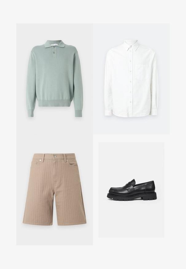 Suéter de punto verde claro con cuello tipo polo, dos botones, puños y dobladillo acanalados. Textura suave y ajuste relajado.; Camisa blanca de manga larga y botones, hecha de una tela ligera. Presenta un bolsillo frontal, cuello clásico y una textura sutil.; Pantalones cortos beige hechos de tela texturizada con rayas verticales, una cinturilla con un botón frontal y bolsillos laterales.; Mocasín negro de cuero con suela gruesa y acanalada y detalle de tira para moneda, mostrado en perfil lateral derecho sobre fondo blanco.