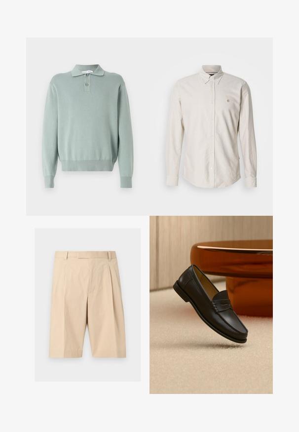 Suéter de punto verde claro con cuello tipo polo, dos botones, puños y dobladillo acanalados. Textura suave y ajuste relajado.; Camisa de manga larga color beige claro con botones, cuello puntiagudo y un pequeño logo bordado. Tejido suave con textura lisa y dobladillo recto.; Pantalones cortos beige hasta la rodilla, hechos a medida, con trabillas para cinturón, pliegues delanteros y cierre frontal de cremallera oculta.; Zapato mocasín de cuero negro suspendido sobre una alfombra beige con muebles modernos de color ámbar en el fondo.