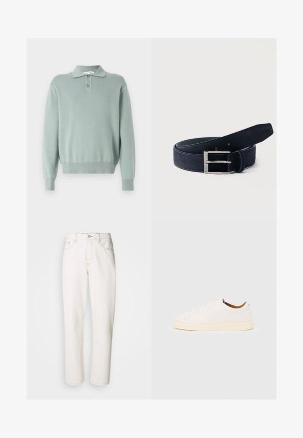 Hellgrüner, gestrickter Pullover mit Polo-Kragen, zwei Knöpfen, gerippten Bündchen und Saum. Weiche Textur und lockere Passform.; Weiße Jeans aus Denim mit geradem Bein, ausgestattet mit gestickten Nähten, einem metallischen Knopfverschluss und einer klassischen fünf-Pocket-Konstruktion.; Weißer Sneaker mit niedrigem Schaft und Schnürdesign, minimalen Nähten und einer cremefarbenen Sohle auf hellgrauem Hintergrund.; Aufgerollter dunkelblauer Wildledergürtel mit silberner rechteckiger Schnalle, auf der "BOSS" eingraviert ist, vor einem schlichten hellen Hintergrund.