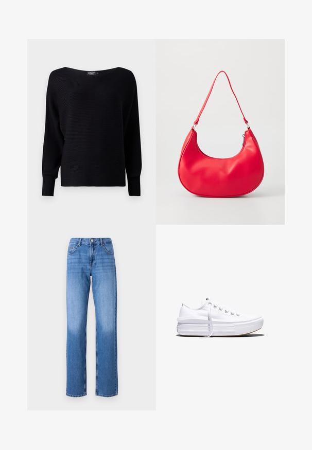 Suéter negro de punto acanalado con un cuello amplio, mangas largas y un corte holgado, que presenta una tela texturizada y un diseño minimalista.; Vaqueros de mezclilla azul claro con una cintura alta, diseño de pierna recta y áreas desteñidas. Cuenta con bolsillos frontales estándar y cierre de botón.; Zapatilla blanca de lona de perfil bajo con suela gruesa de plataforma, cierre de cordones en el frente y puntera de goma texturizada, mostrada de perfil.; Bolso de hombro de piel sintética roja con forma curvada, correa delgada y cierre de cremallera. Textura suave con detalles de costura visibles.